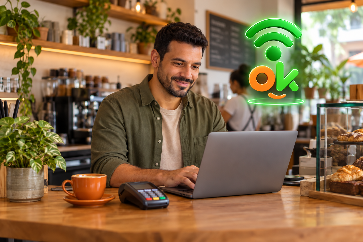 Wi‑Fi 3D e logo OK flutuantes
