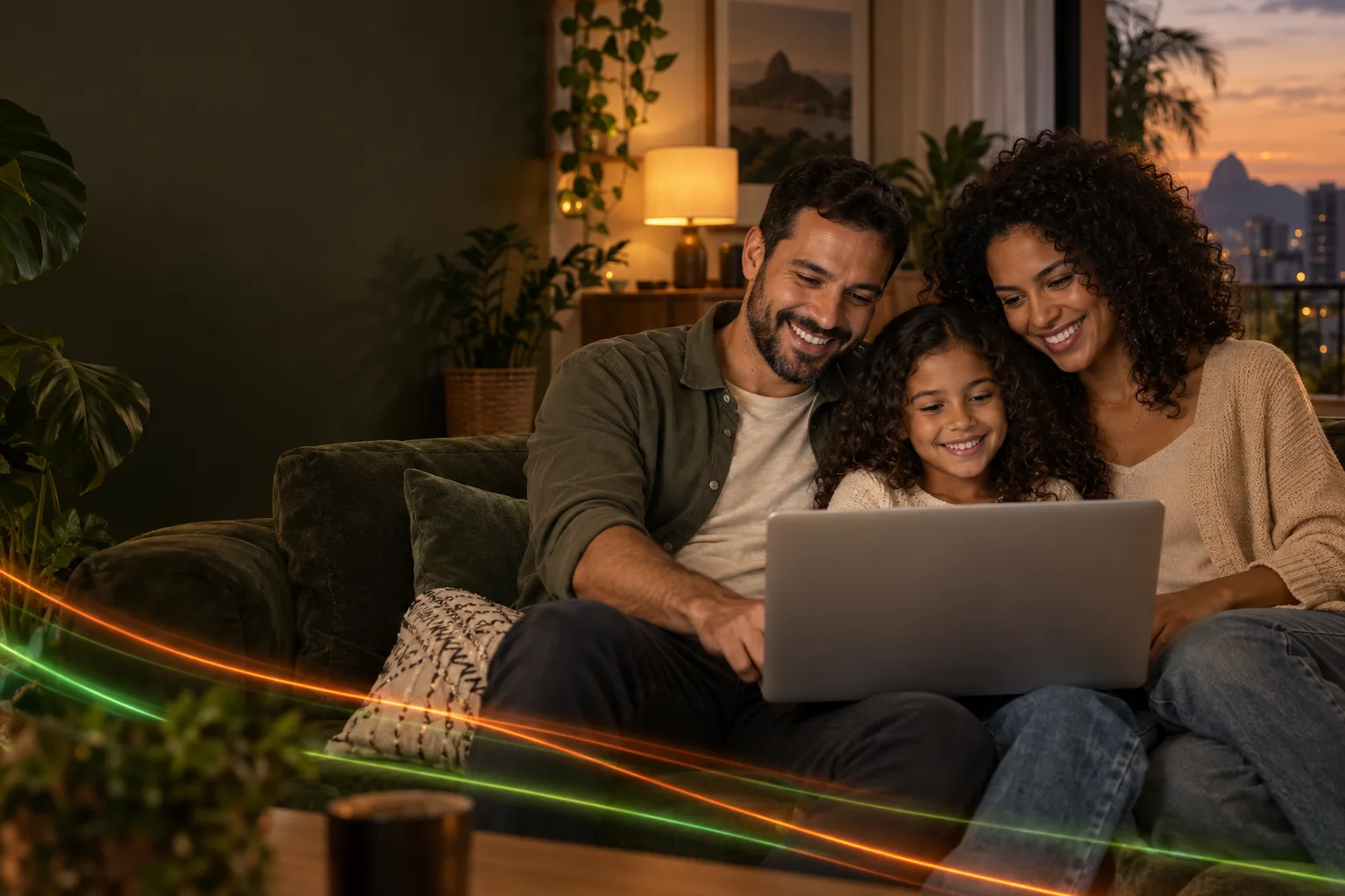 Família compartilhando um momento com o notebook em casa